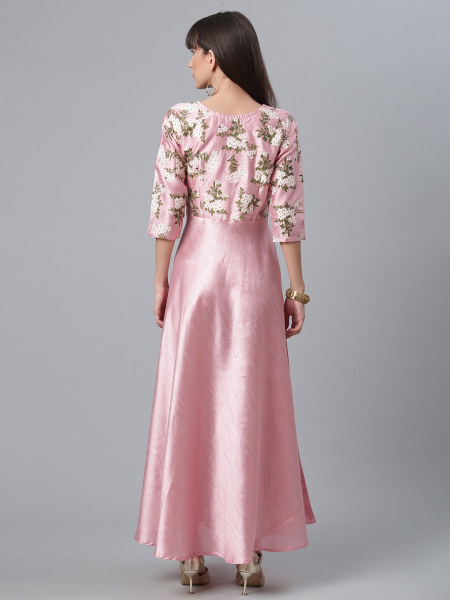 Ahalyaa Art Silk Pink Solid Kurta With Attached Floral Print Jacket | Swadesiicart