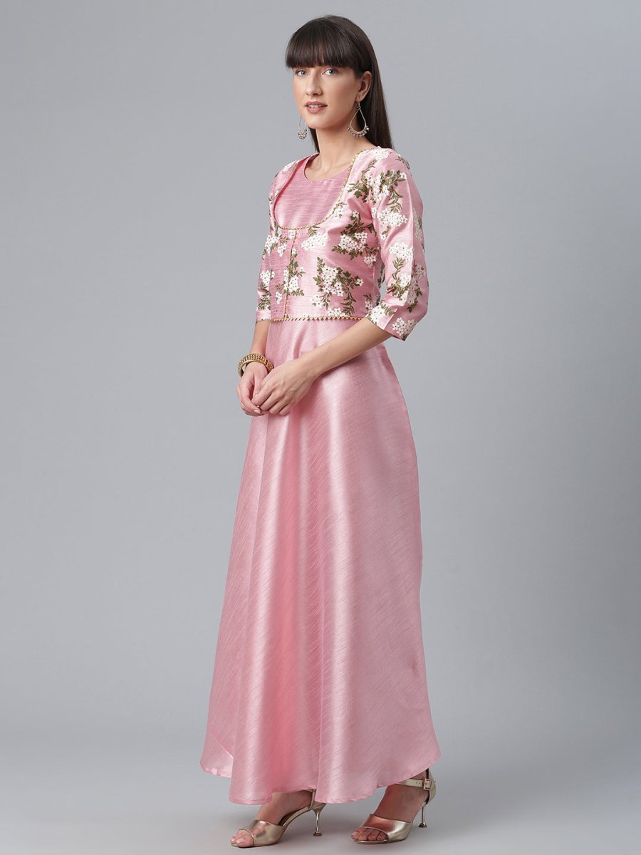 Ahalyaa Art Silk Pink Solid Kurta With Attached Floral Print Jacket | Swadesiicart