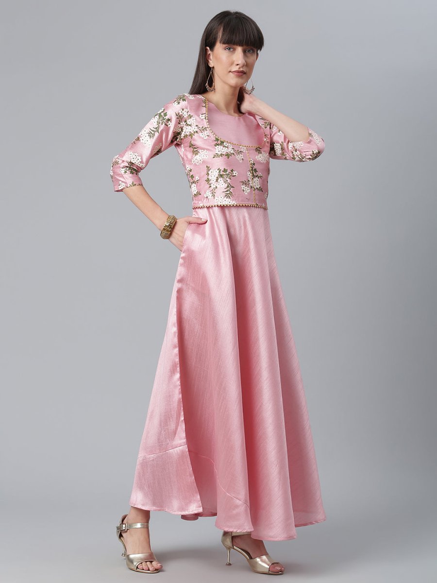 Ahalyaa Art Silk Pink Solid Kurta With Attached Floral Print Jacket | Swadesiicart