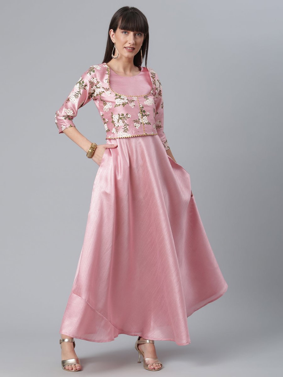 Ahalyaa Art Silk Pink Solid Kurta With Attached Floral Print Jacket | Swadesiicart