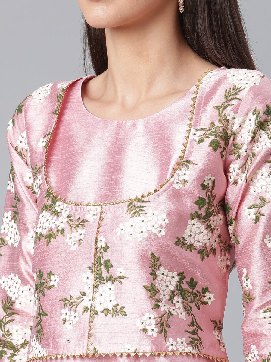 Ahalyaa Art Silk Pink Solid Kurta With Attached Floral Print Jacket | Swadesiicart