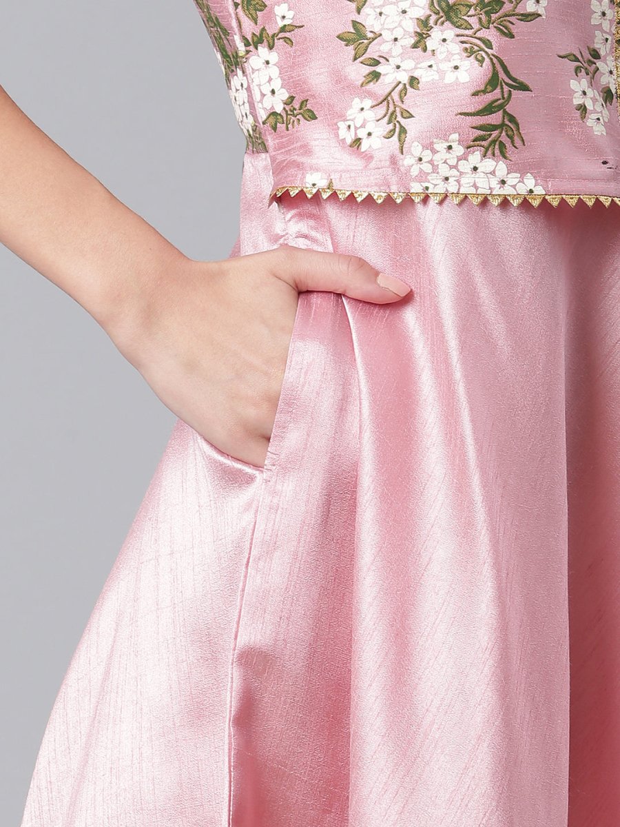 Ahalyaa Art Silk Pink Solid Kurta With Attached Floral Print Jacket | Swadesiicart