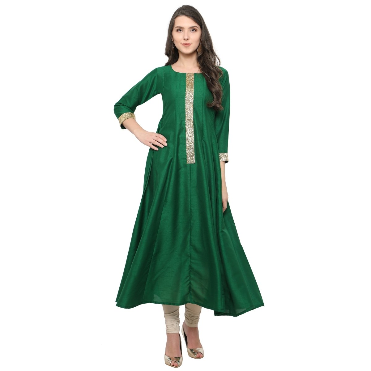 Ahalyaa Women's Green And Gold Anarkali For Festive And Party Wear | Swadesiicart