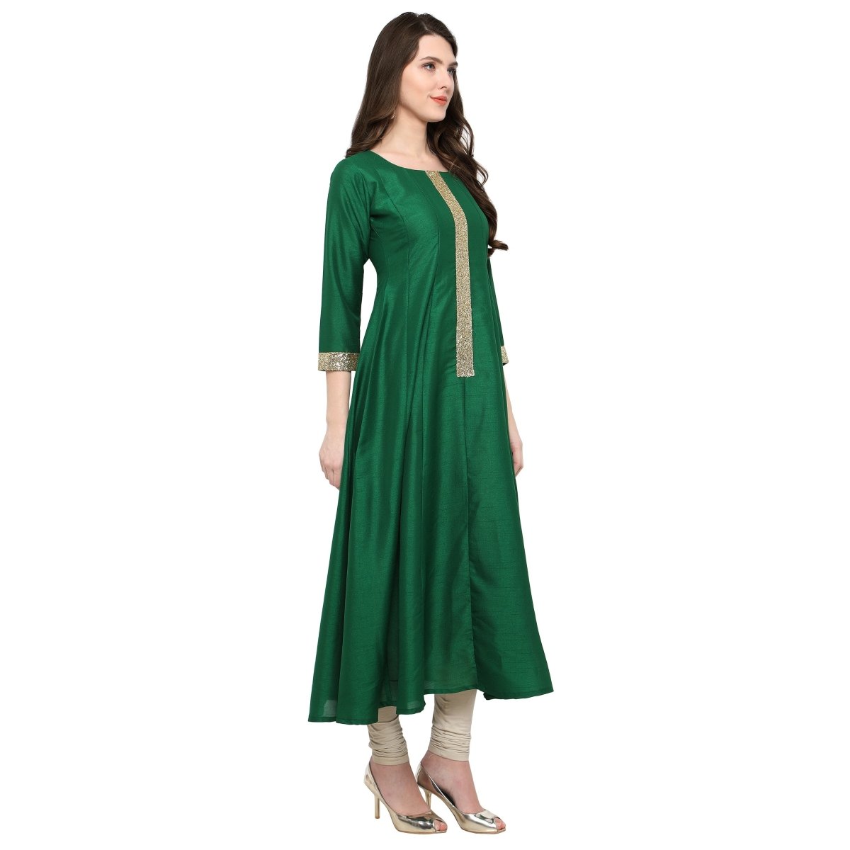 Ahalyaa Women's Green And Gold Anarkali For Festive And Party Wear | Swadesiicart