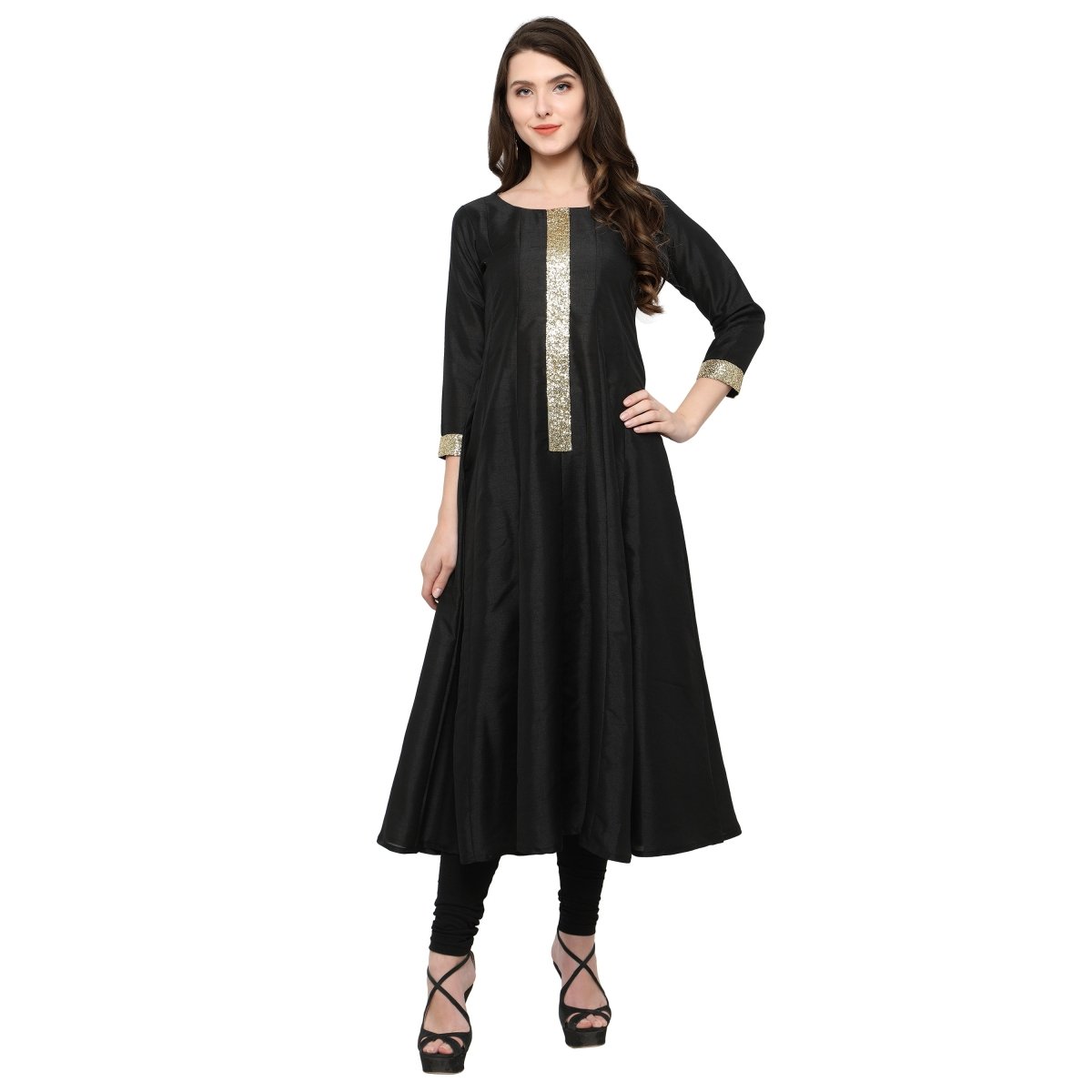 Ahalyaa Women's Black And Gold Anarkali For Festive And Party Wear | Swadesiicart