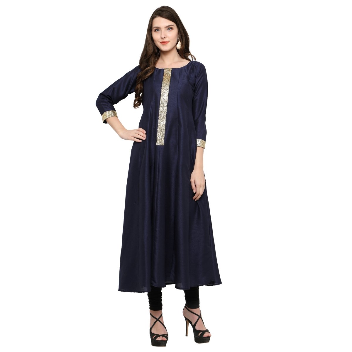 Ahalyaa Women's Navy Blue And Gold Anarkali For Festive And Party Wear | Swadesiicart