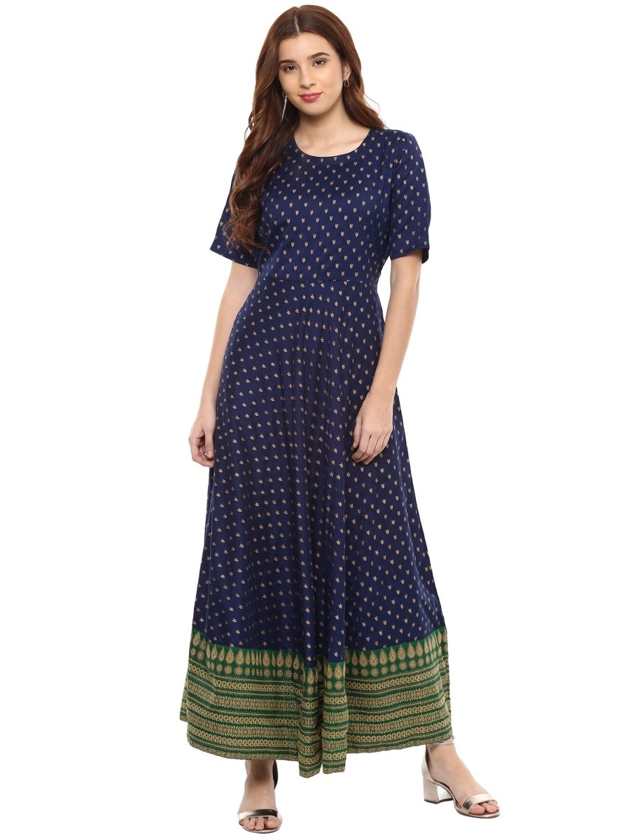 Ahalyaa Navy Blue Flared Kurta Dress | Swadesiicart