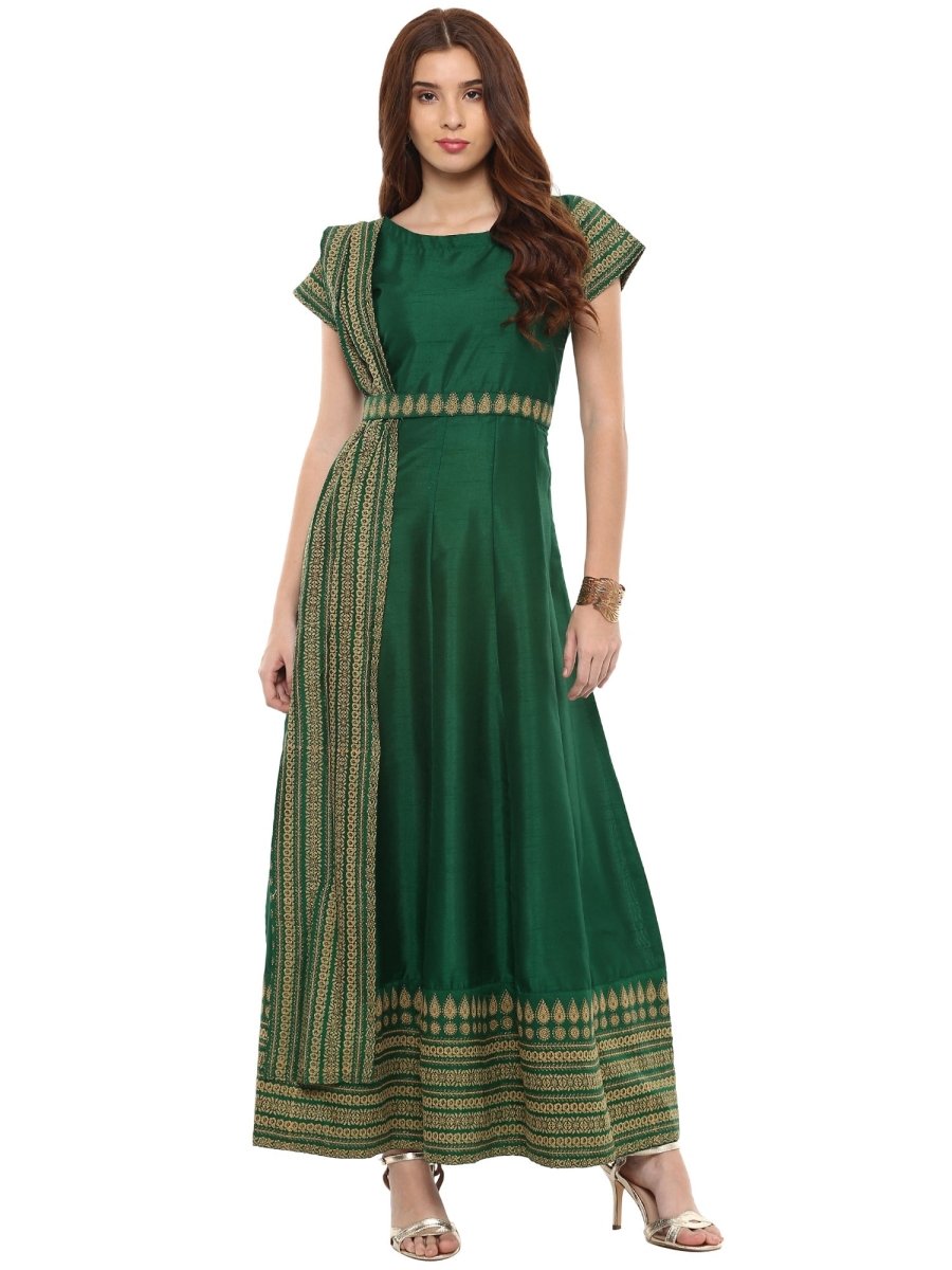 Ahalyaa Printed Faux Silk Anarkali With Attached Dupatta | Swadesiicart
