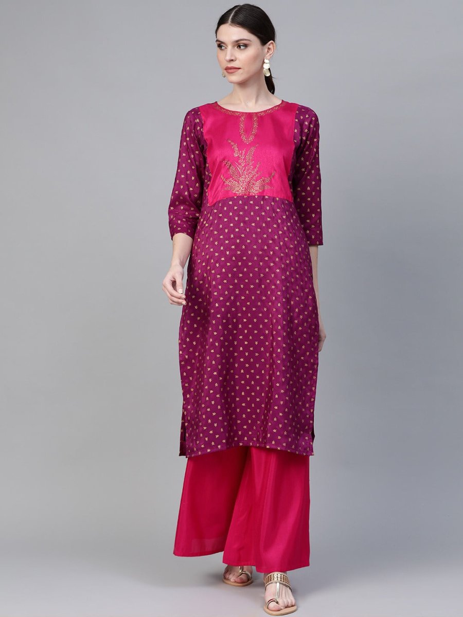 Ahalyaa Magenta & Pink Screen Printed Kurta with Palazzo | Swadesiicart