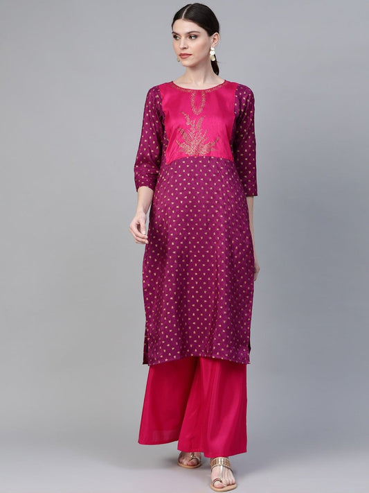 Ahalyaa Magenta & Pink Screen Printed Kurta with Palazzo | Swadesiicart