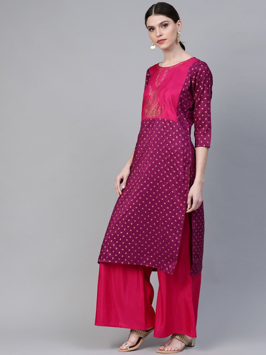 Ahalyaa Magenta & Pink Screen Printed Kurta with Palazzo | Swadesiicart