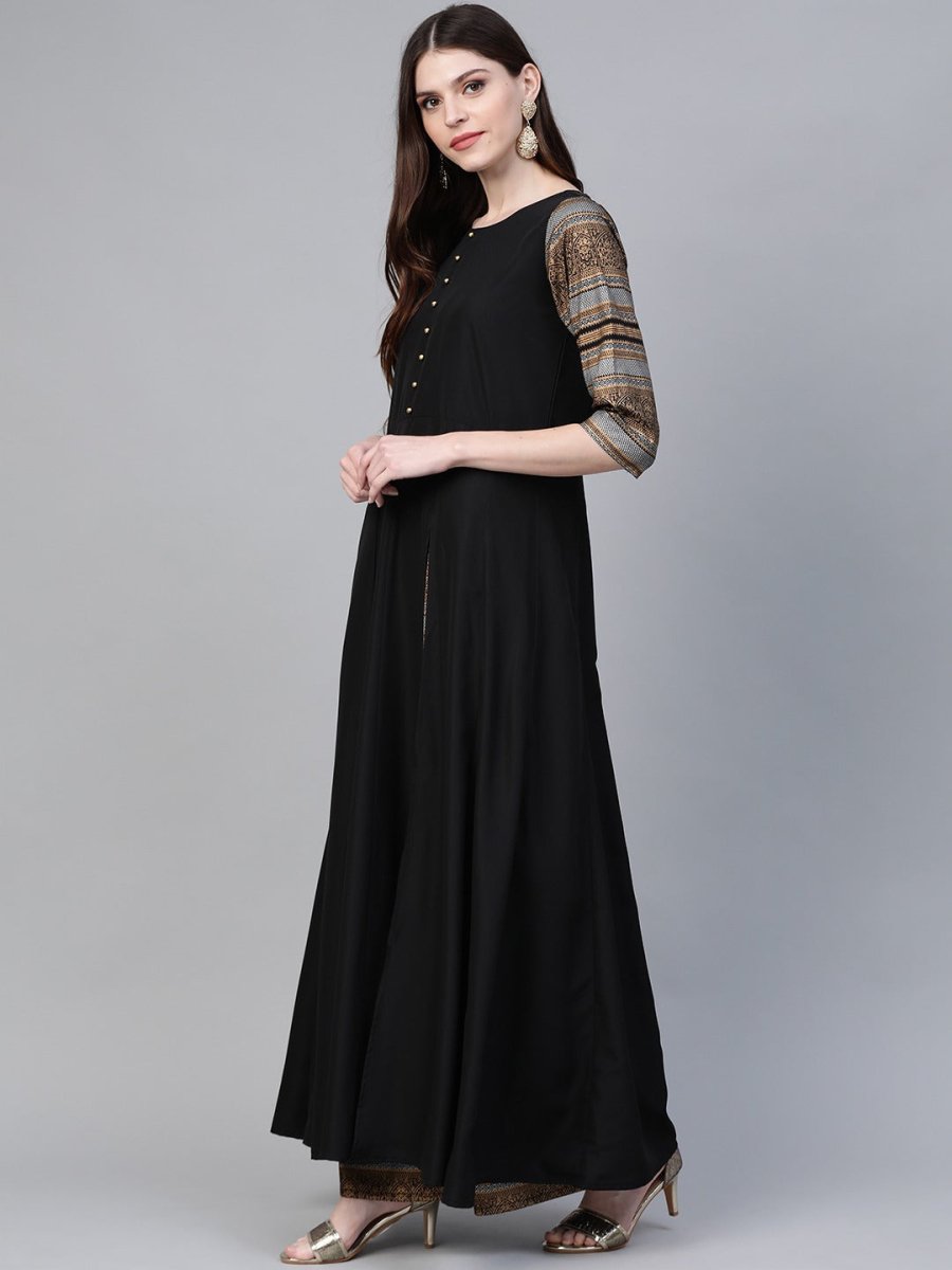 Ahalyaa Black Solid Front Slit Kurta With Palazzo | Swadesiicart