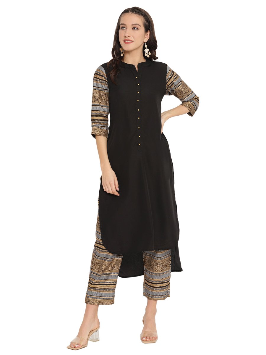 Ahalyaa Women Black & Golden Printed High Low Kurta With Trouser | Swadesiicart