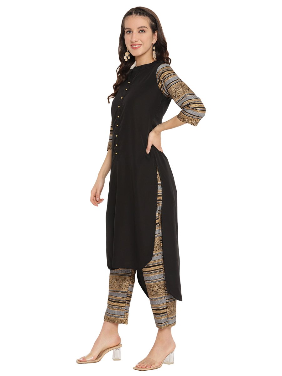 Ahalyaa Women Black & Golden Printed High Low Kurta With Trouser | Swadesiicart