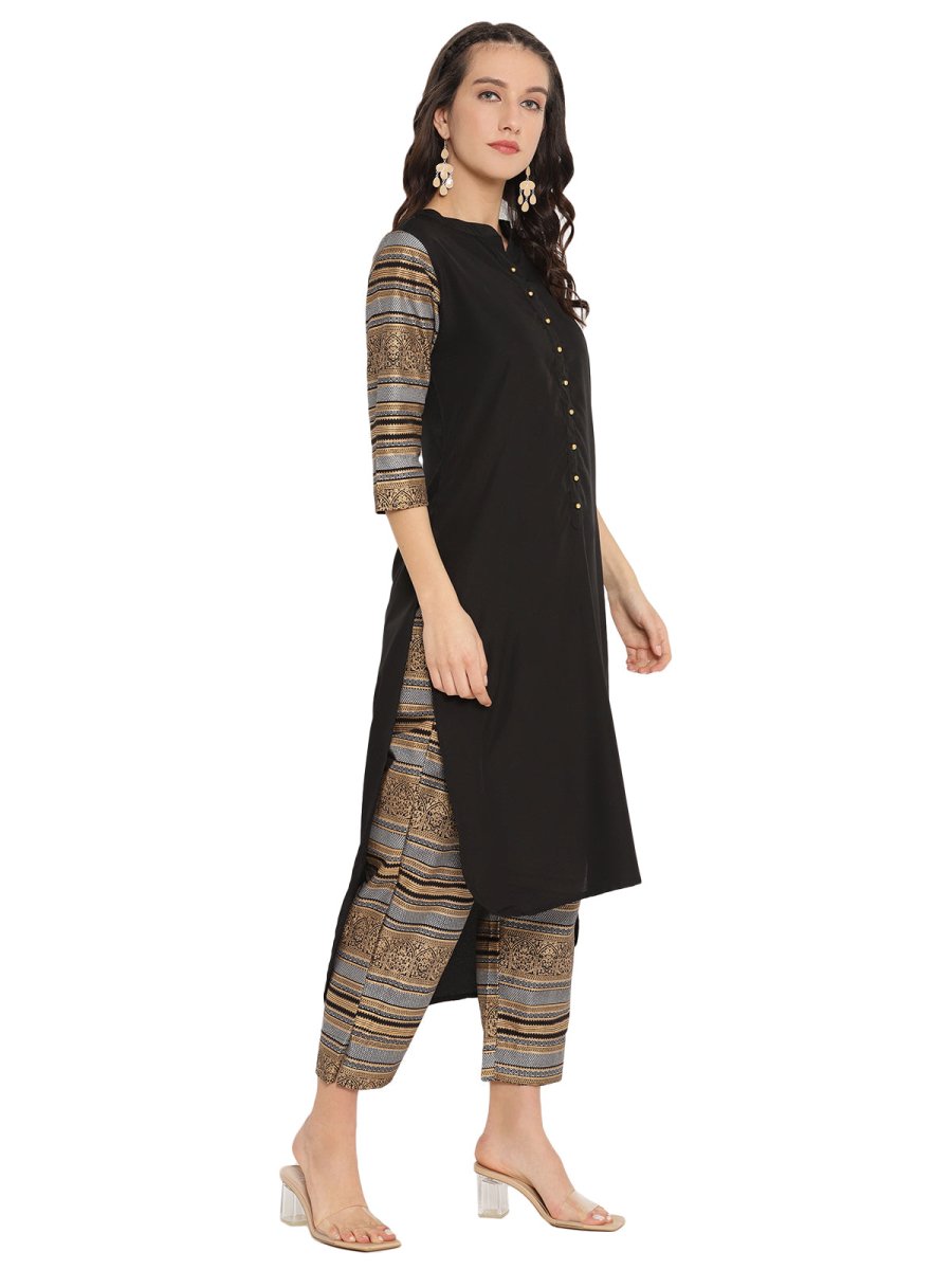 Ahalyaa Women Black & Golden Printed High Low Kurta With Trouser | Swadesiicart
