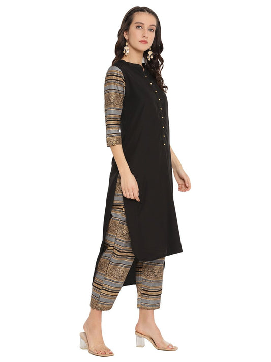 Ahalyaa Women Black & Golden Printed High Low Kurta With Trouser | Swadesiicart