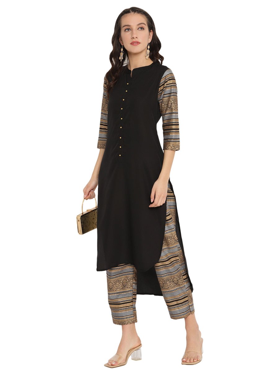 Ahalyaa Women Black & Golden Printed High Low Kurta With Trouser | Swadesiicart