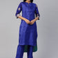 Ahalyaa Women Blue & Green Solid High Low Kurta with Trousers | Swadesiicart