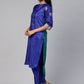 Ahalyaa Women Blue & Green Solid High Low Kurta with Trousers | Swadesiicart