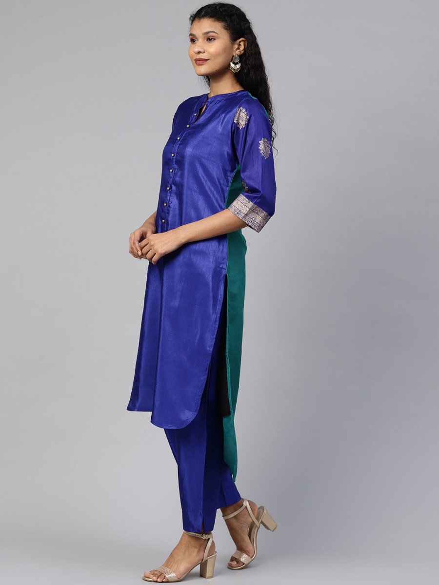 Ahalyaa Women Blue & Green Solid High Low Kurta with Trousers | Swadesiicart