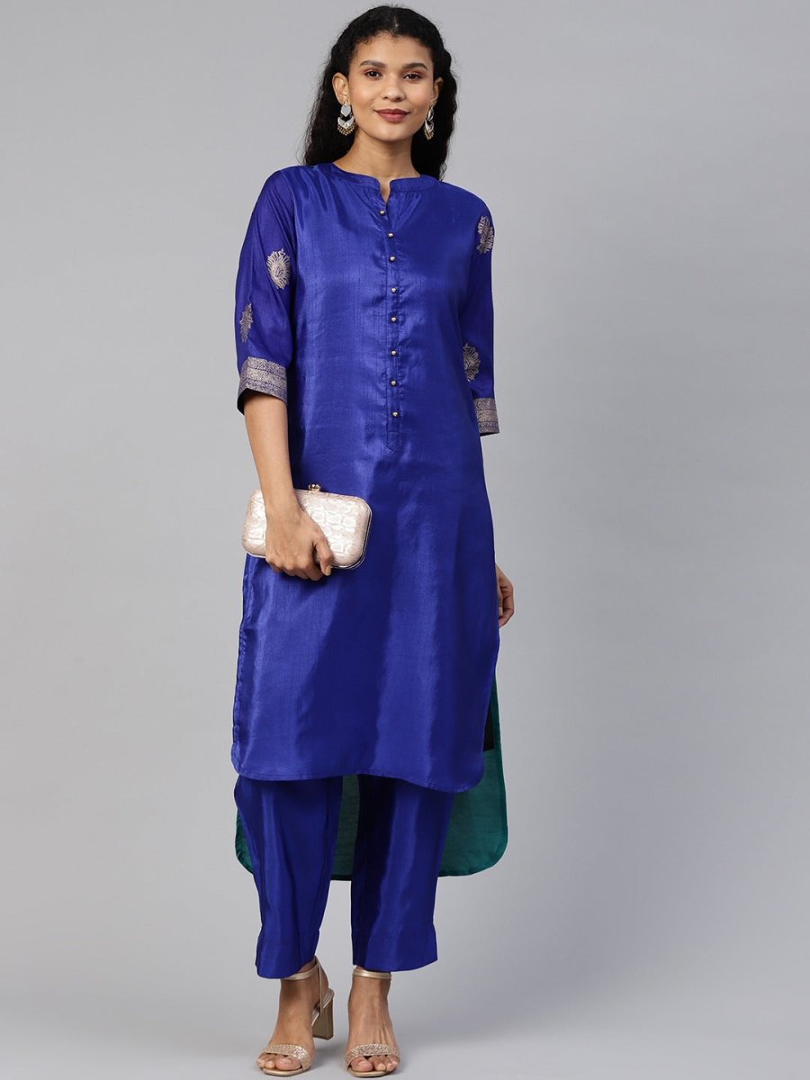 Ahalyaa Women Blue & Green Solid High Low Kurta with Trousers | Swadesiicart