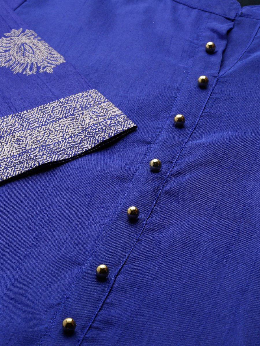 Ahalyaa Women Blue & Green Solid High Low Kurta with Trousers | Swadesiicart