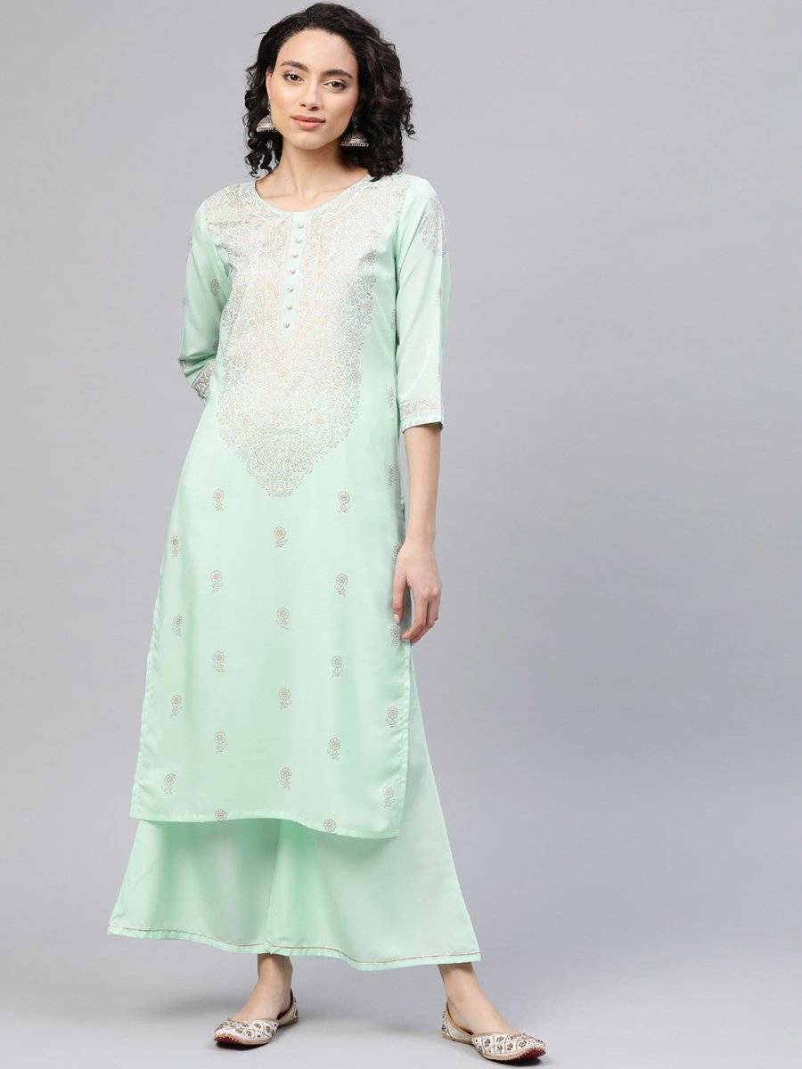 Ahalyaa Women Sea Green & Golden Printed Kurta With Palazzo | Swadesiicart