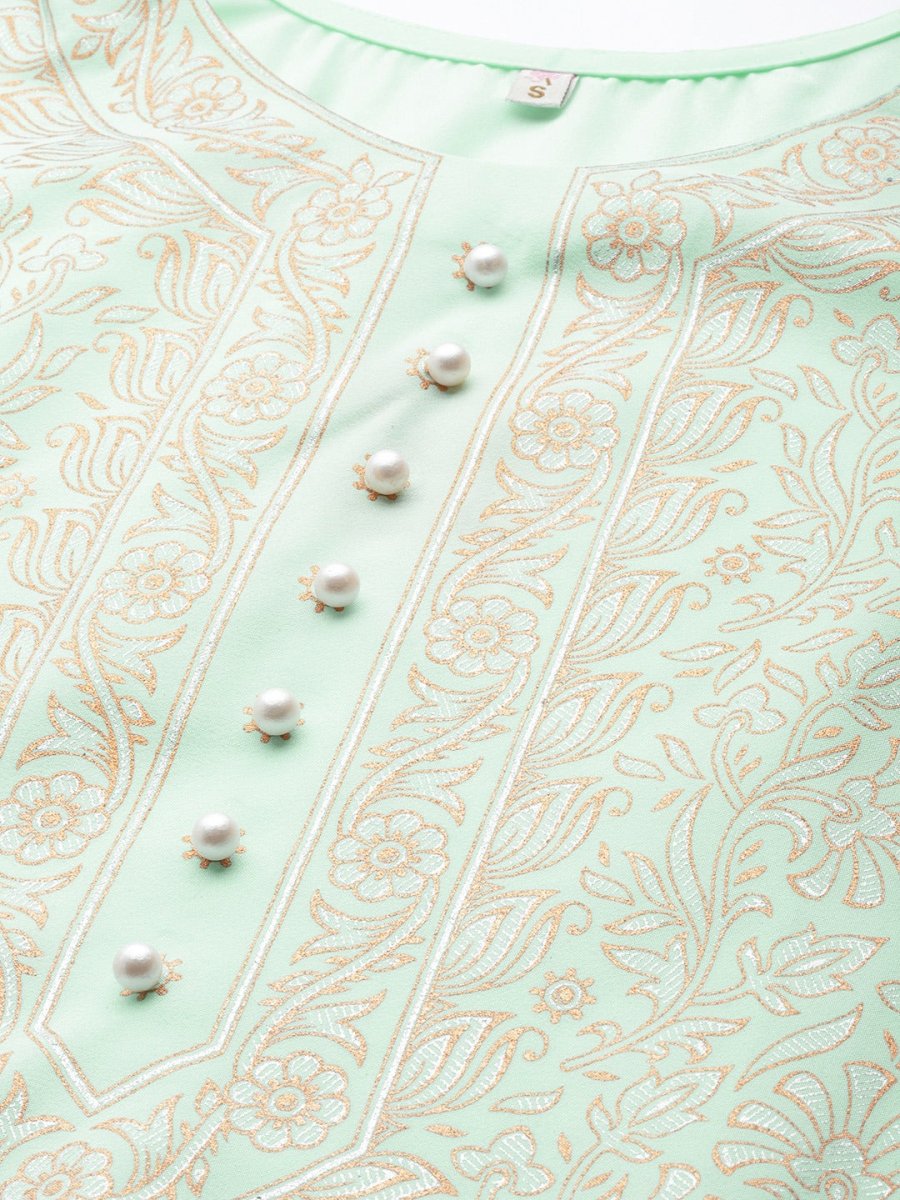 Ahalyaa Women Sea Green & Golden Printed Kurta With Palazzo | Swadesiicart