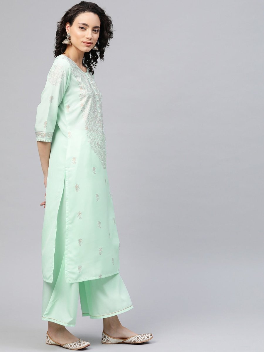 Ahalyaa Women Sea Green & Golden Printed Kurta With Palazzo | Swadesiicart