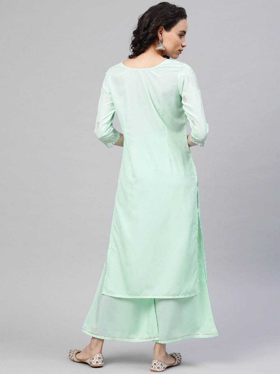 Ahalyaa Women Sea Green & Golden Printed Kurta With Palazzo | Swadesiicart