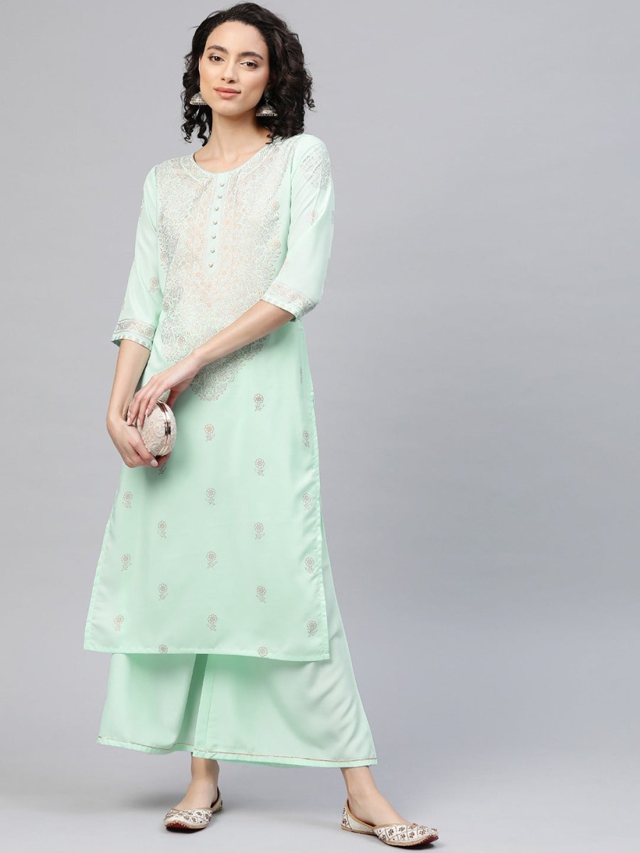 Ahalyaa Women Sea Green & Golden Printed Kurta With Palazzo | Swadesiicart