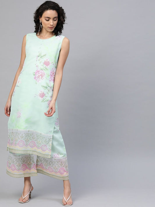 Ahalyaa Blue & Pink Floral Print Kurta With Palazzo | Swadesiicart