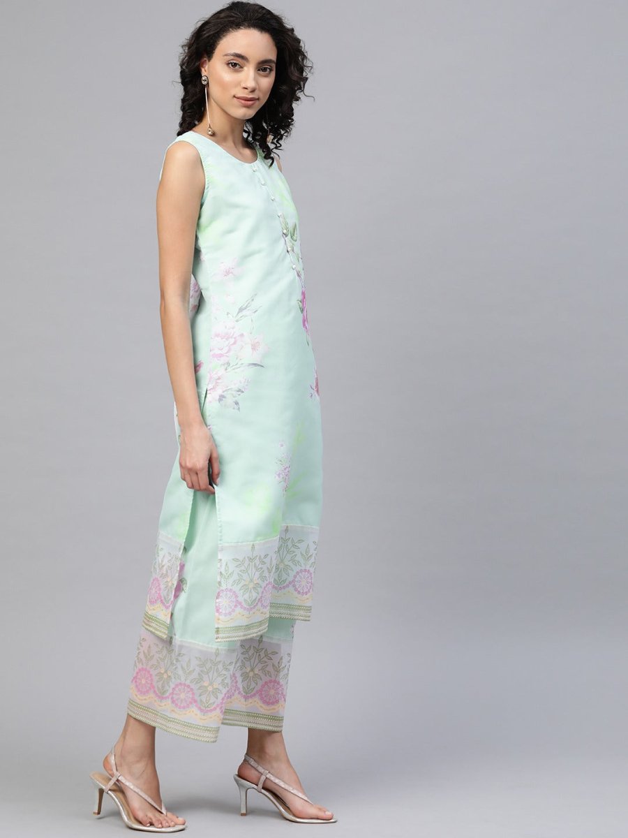 Ahalyaa Blue & Pink Floral Print Kurta With Palazzo | Swadesiicart