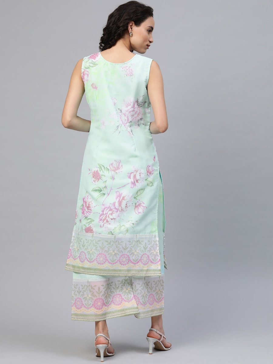 Ahalyaa Blue & Pink Floral Print Kurta With Palazzo | Swadesiicart