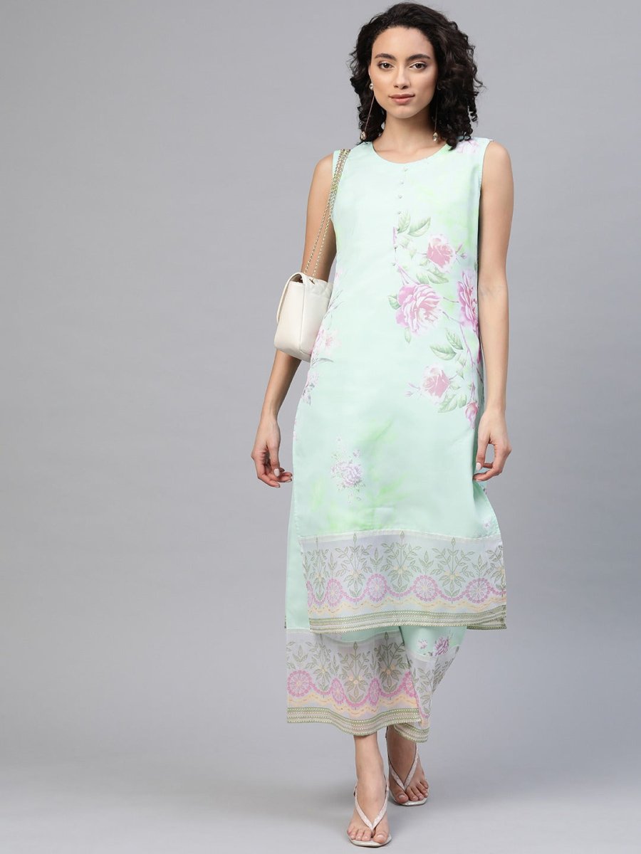 Ahalyaa Blue & Pink Floral Print Kurta With Palazzo | Swadesiicart