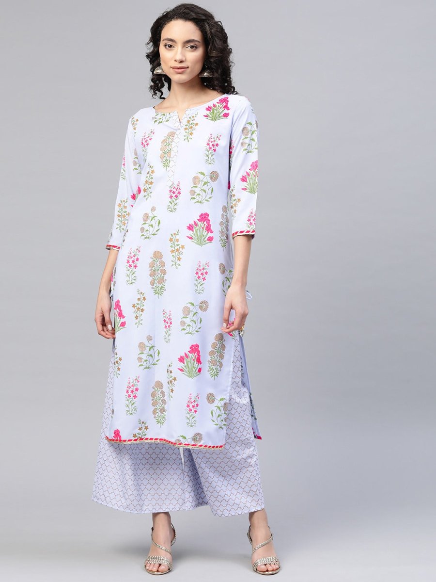 Ahalyaa Women Blue & Pink Floral Print Kurta With Palazzo | Swadesiicart