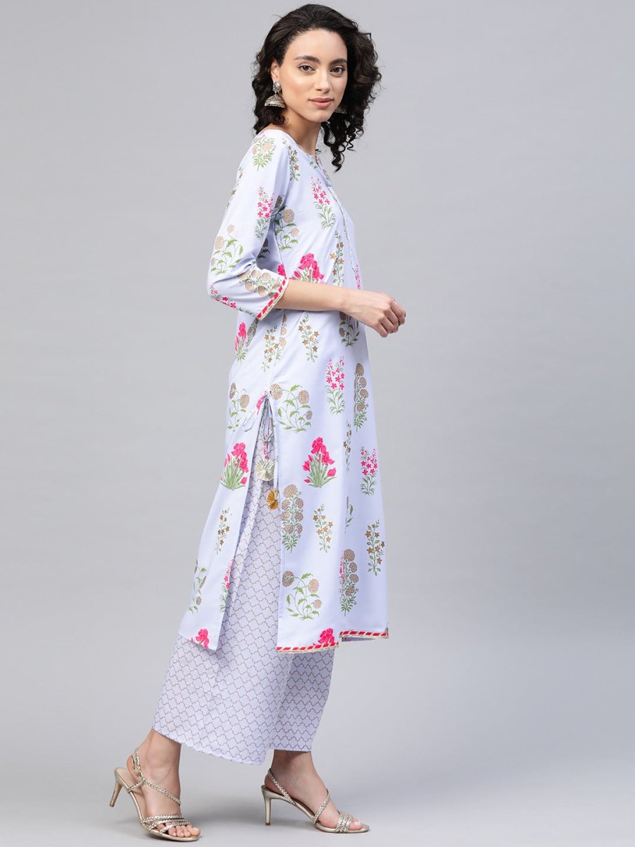 Ahalyaa Women Blue & Pink Floral Print Kurta With Palazzo | Swadesiicart
