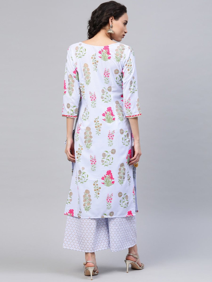 Ahalyaa Women Blue & Pink Floral Print Kurta With Palazzo | Swadesiicart