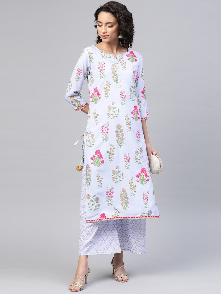 Ahalyaa Women Blue & Pink Floral Print Kurta With Palazzo | Swadesiicart