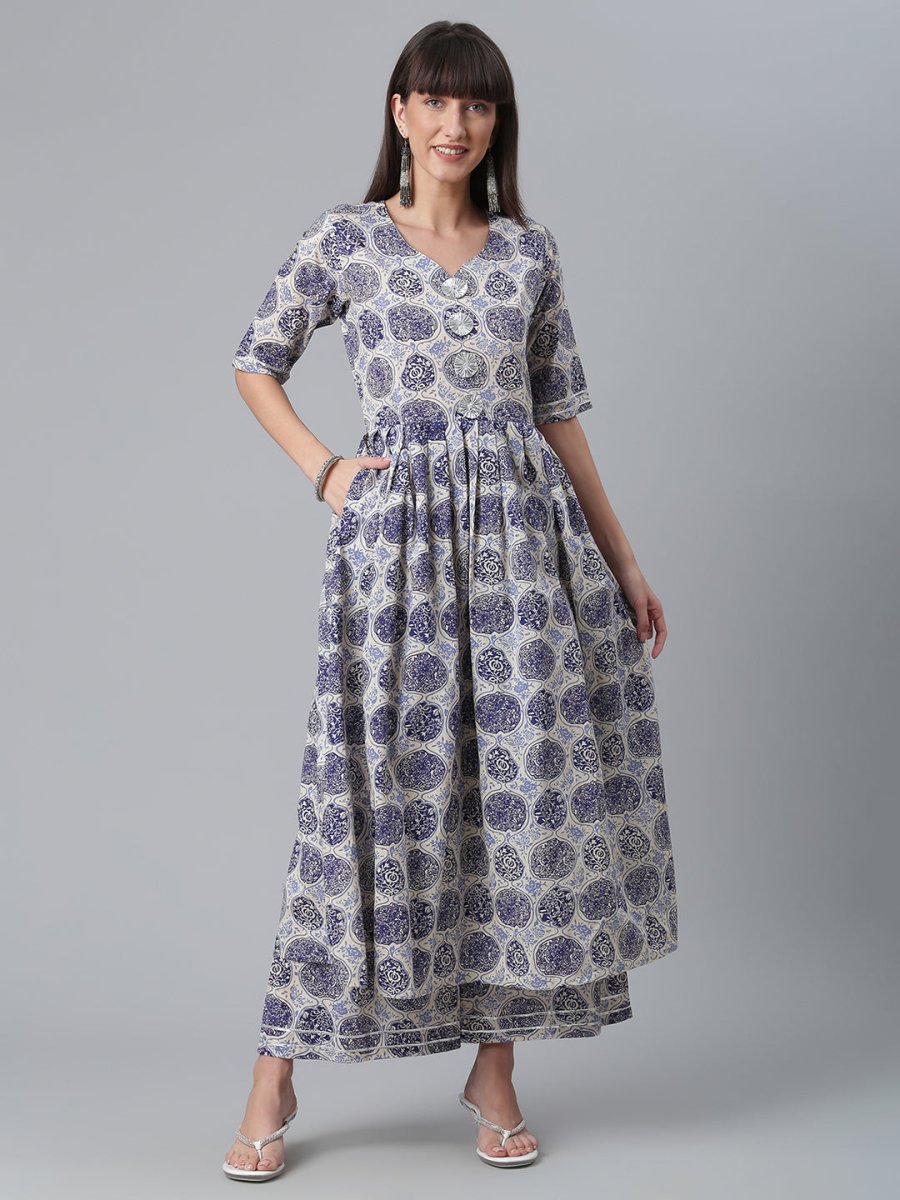 Ahalyaa Blue & Off-White Pure Cotton Printed Kurta with Palazzo | Swadesiicart
