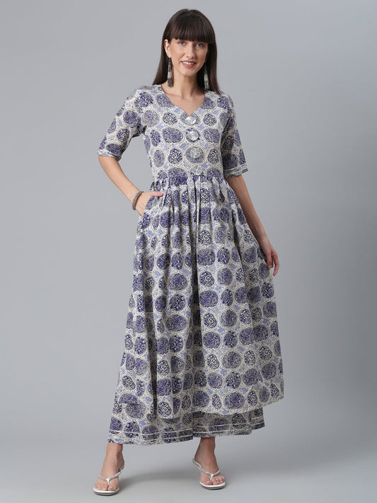 Ahalyaa Blue & Off-White Pure Cotton Printed Kurta with Palazzo | Swadesiicart