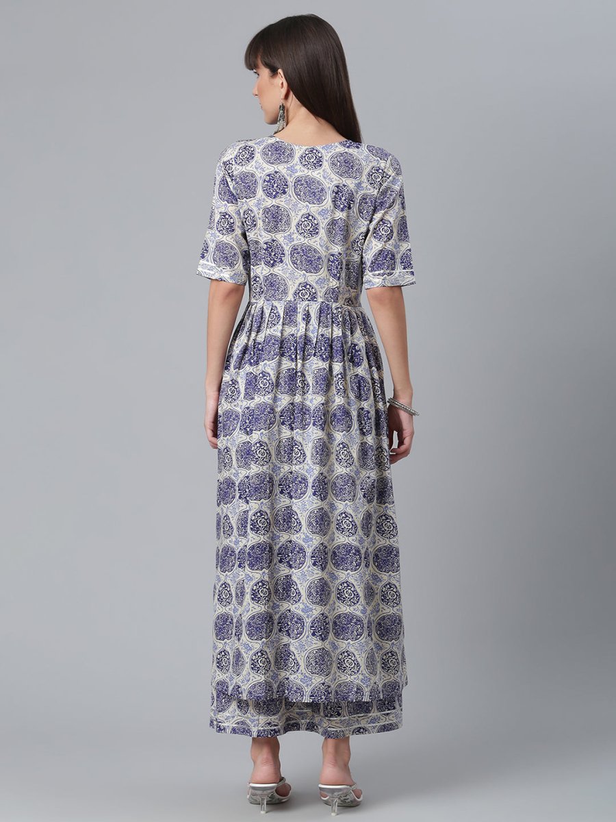 Ahalyaa Blue & Off-White Pure Cotton Printed Kurta with Palazzo | Swadesiicart