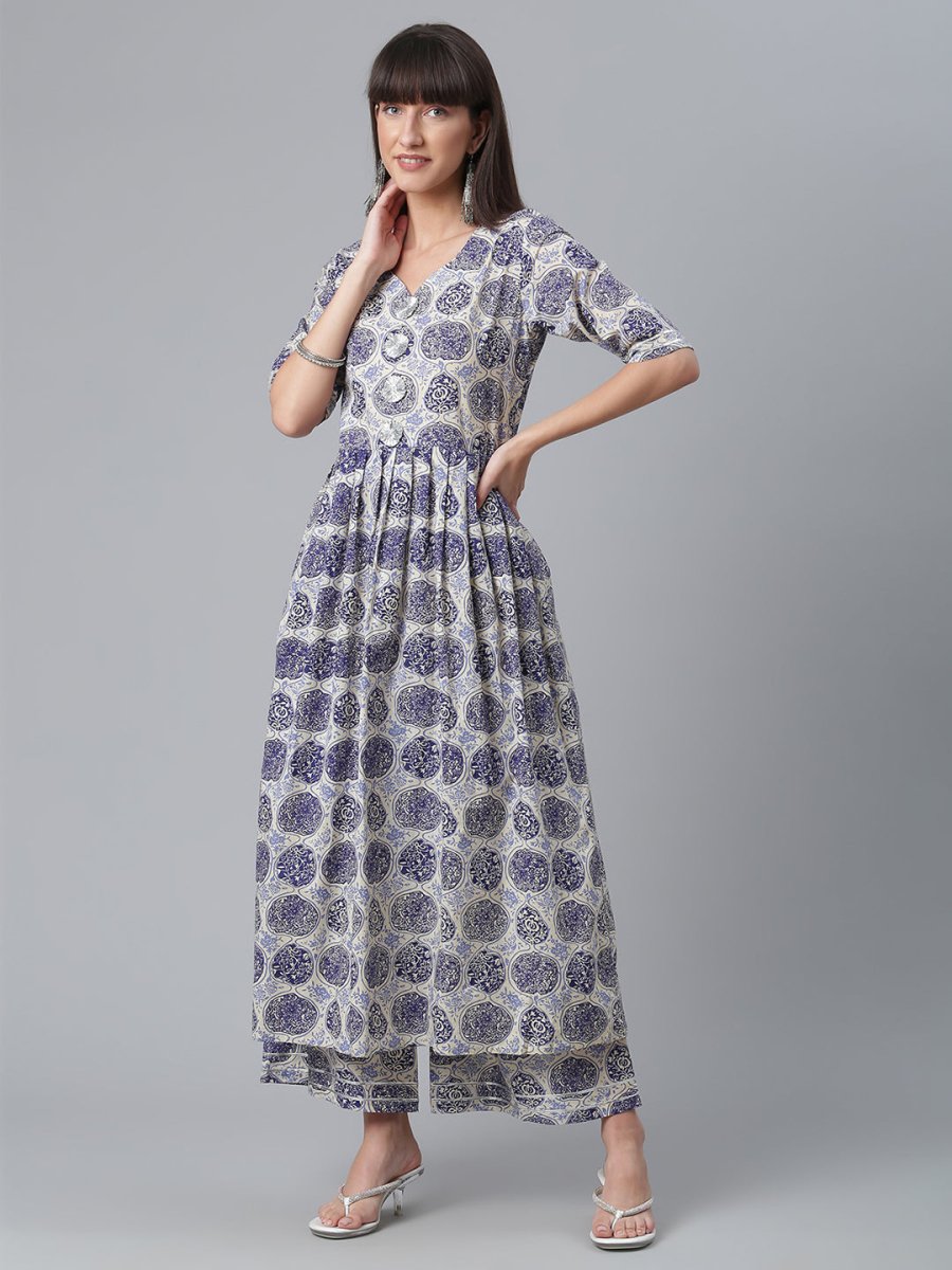 Ahalyaa Blue & Off-White Pure Cotton Printed Kurta with Palazzo | Swadesiicart
