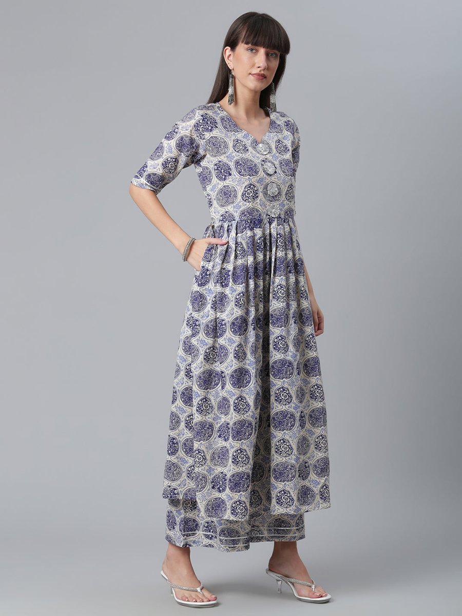 Ahalyaa Blue & Off-White Pure Cotton Printed Kurta with Palazzo | Swadesiicart