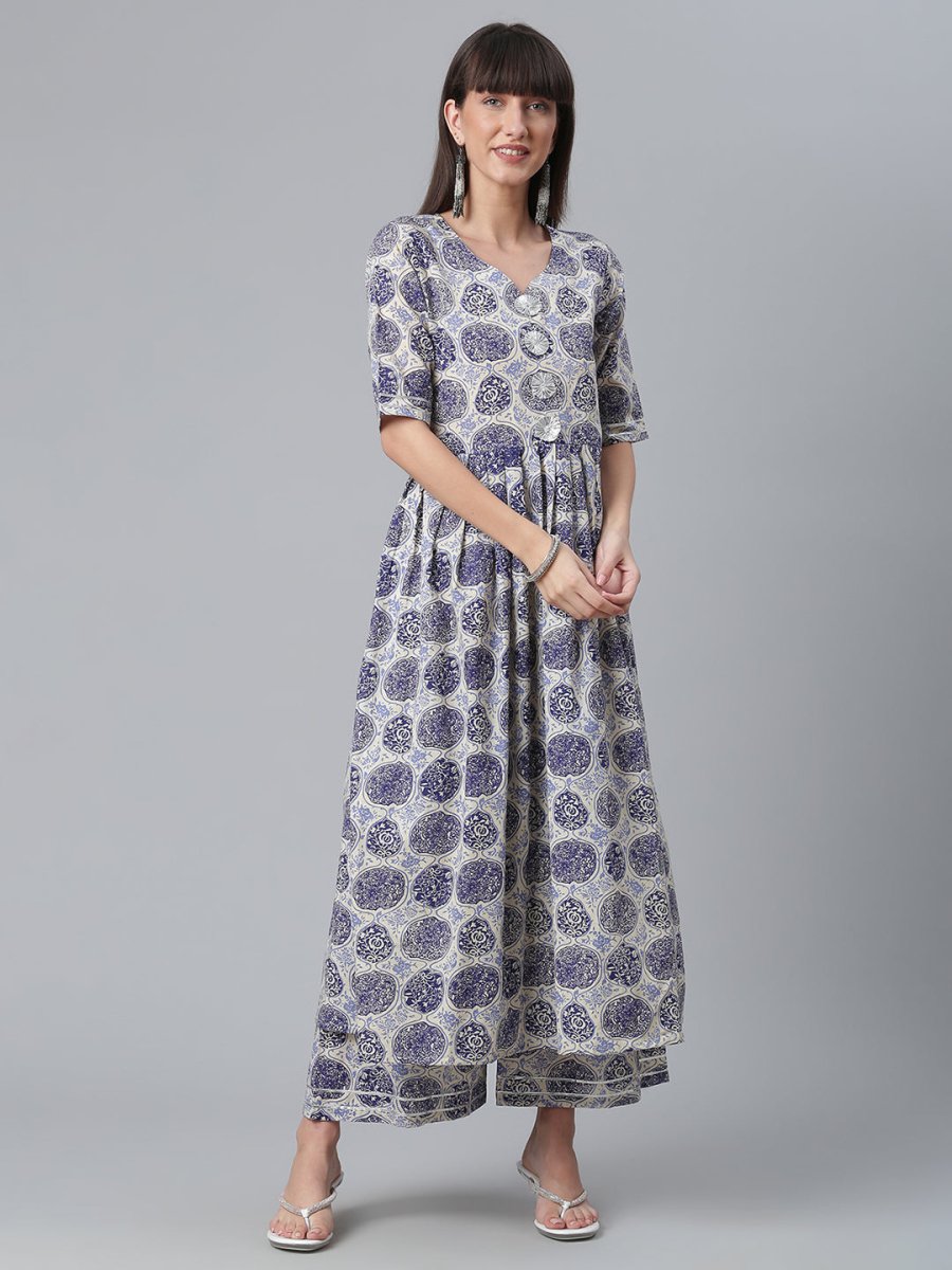 Ahalyaa Blue & Off-White Pure Cotton Printed Kurta with Palazzo | Swadesiicart