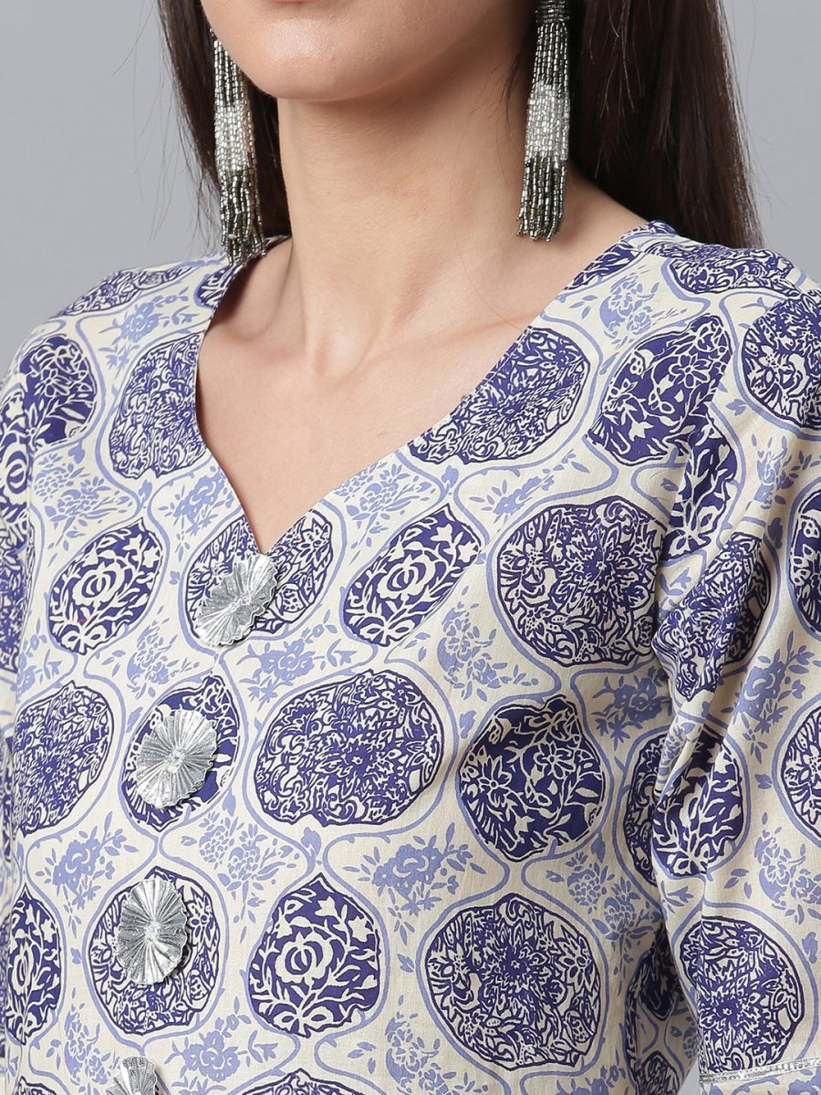 Ahalyaa Blue & Off-White Pure Cotton Printed Kurta with Palazzo | Swadesiicart