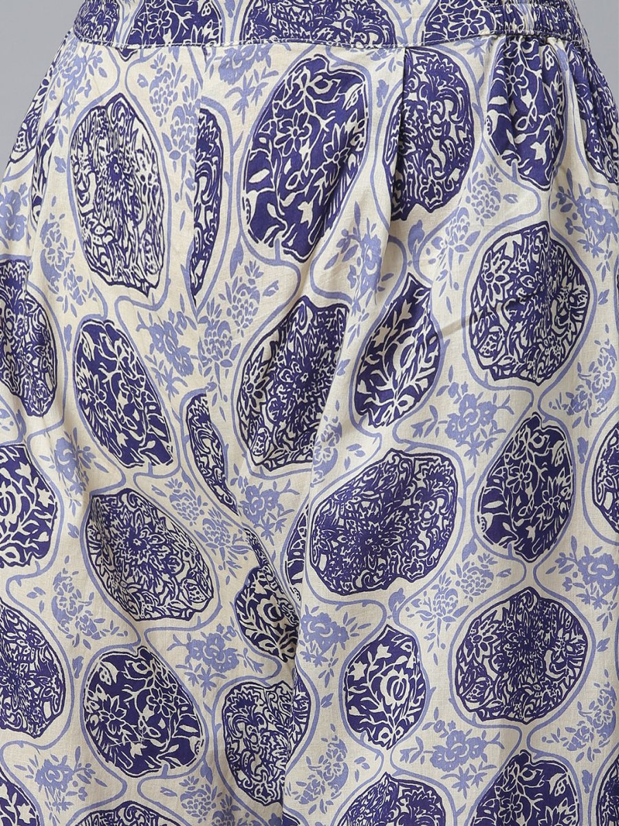 Ahalyaa Blue & Off-White Pure Cotton Printed Kurta with Palazzo | Swadesiicart