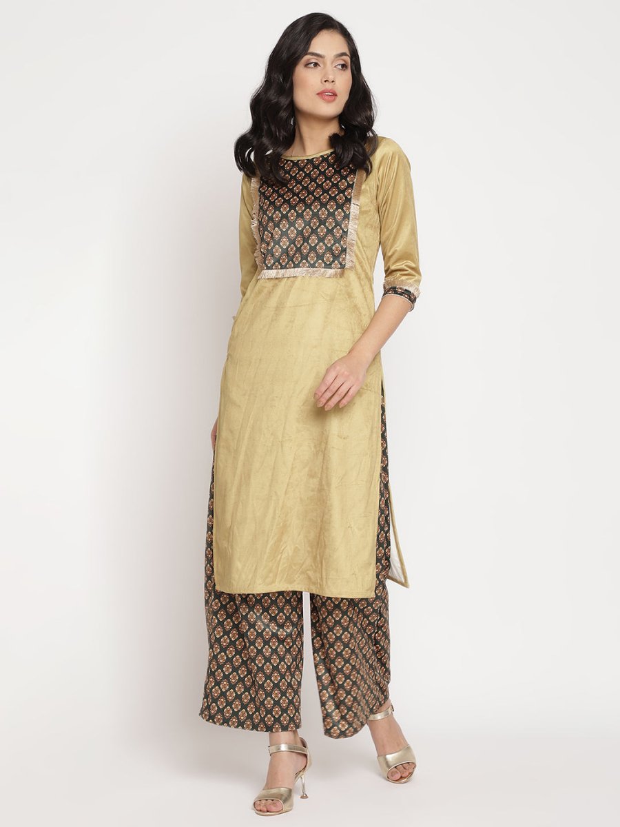 Ahalyaa Women's Mustard Color Digital Print Velvet Kurta With Palazzo | Swadesiicart