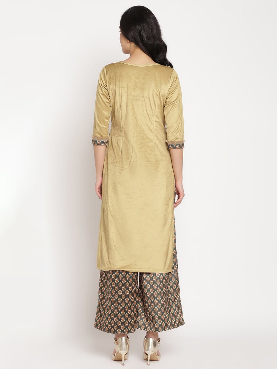 Ahalyaa Women's Mustard Color Digital Print Velvet Kurta With Palazzo | Swadesiicart