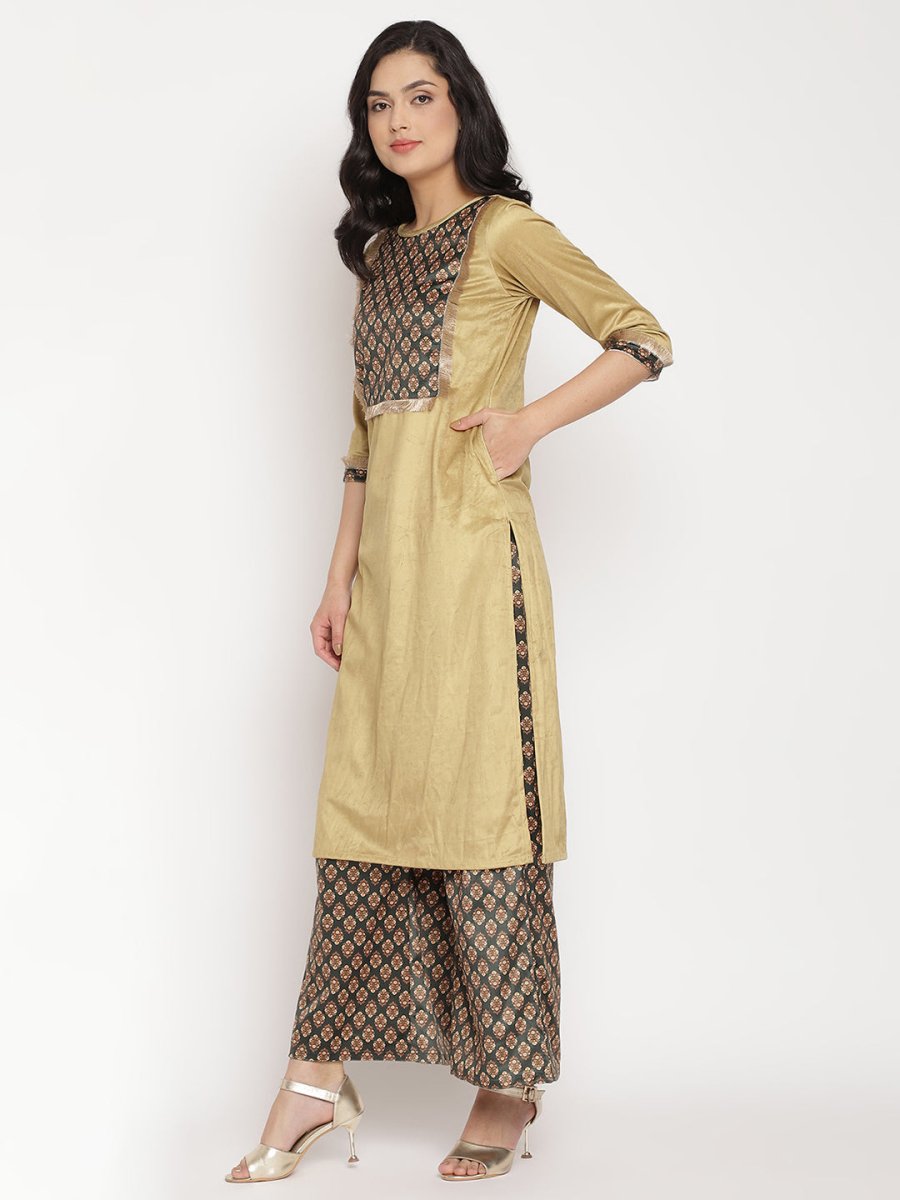 Ahalyaa Women's Mustard Color Digital Print Velvet Kurta With Palazzo | Swadesiicart